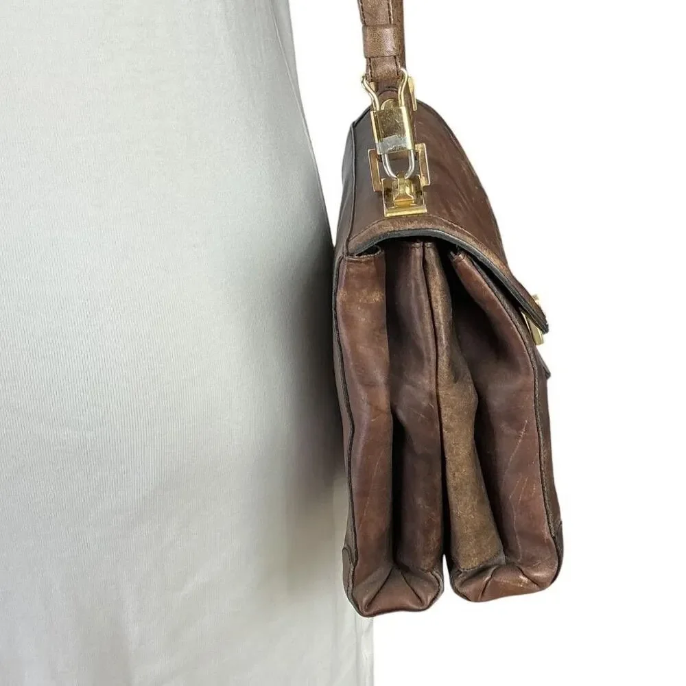 Gold Pfeil Leather Shoulder Bag Brown Medium Top Handle Shoulder Strap Vintage